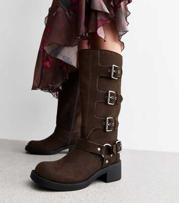 Brown Buckled Faux Suede Knee High Boots