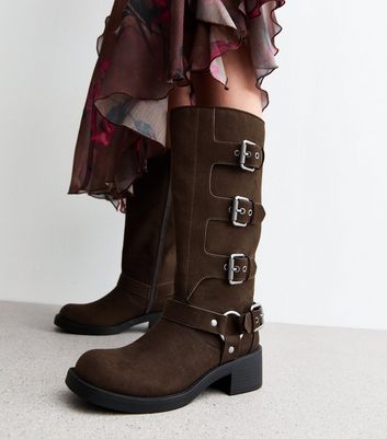 Brown Buckled Faux Suede Knee High Boots New Look