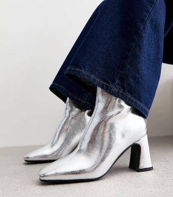 Silver Wide Fit Leather Look Heel Ankle Boots New Look