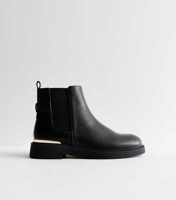 Wide Fit Black Leather-Look Metal Trim Chelsea Boots