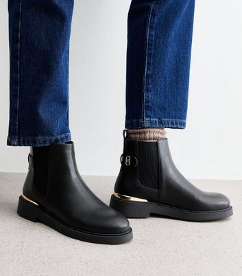 Wide Fit Black Leather Look Metal Trim Chelsea Boots New Look