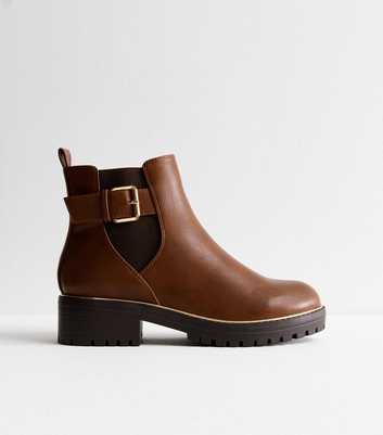 Wide Fit Tan Buckled Chunky Ankle Boots