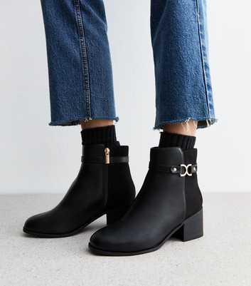 Wide Fit Black Leather-Look Block Heel Ankle Boots