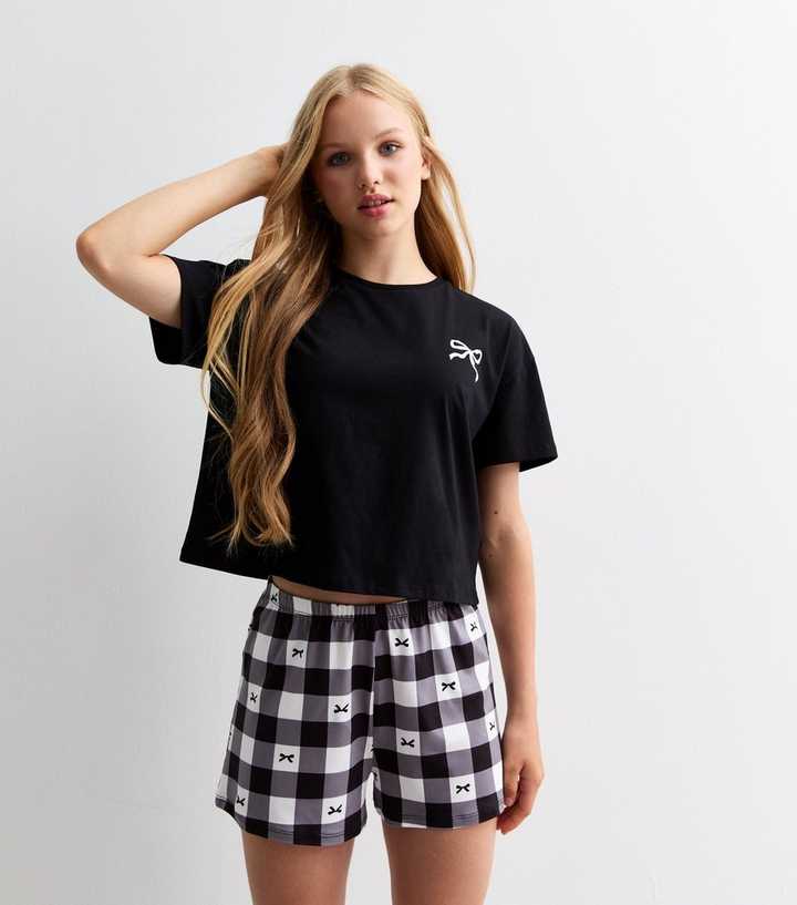 Girls Black Bow Print Check Pyjama Top and Shorts Set