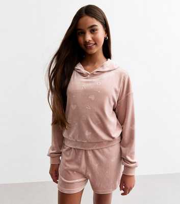 Girls Dusty Pink Burnout Velour Hoodie And Shorts Set