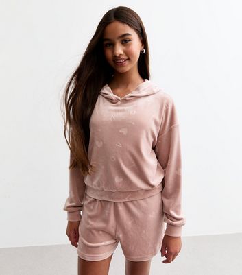 Girls Dusty Pink Burnout Velour Hoodie And Shorts Set New Look