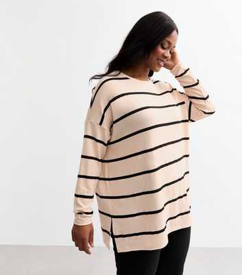 Curves Off White Soft Touch Striped Long Sleeve Top