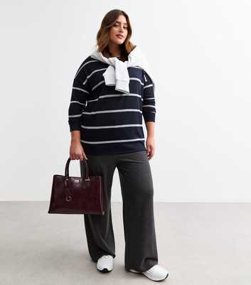 Curves Navy Soft Touch Striped Long Sleeve Top