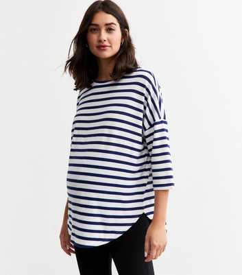 Maternity Blue Striped Three Quarter Sleeve Top