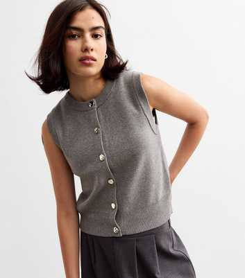 Grey Crew Neck Button Through Knitted Waistcoat