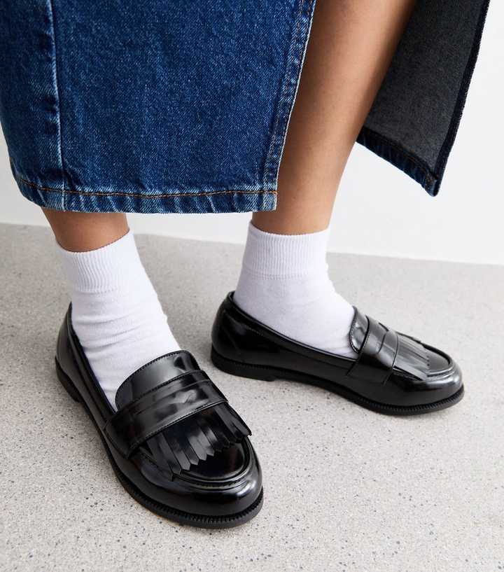 Black Extra Wide Fit Leather-Look Tassel Loafers