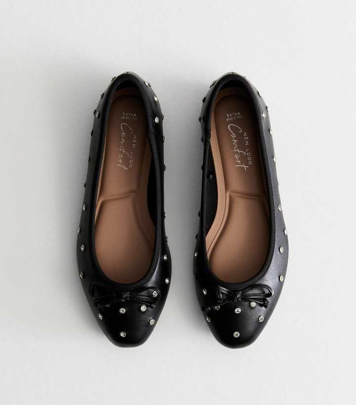 Extra Wide Fit Black Diamanté Embellished Ballet Flats