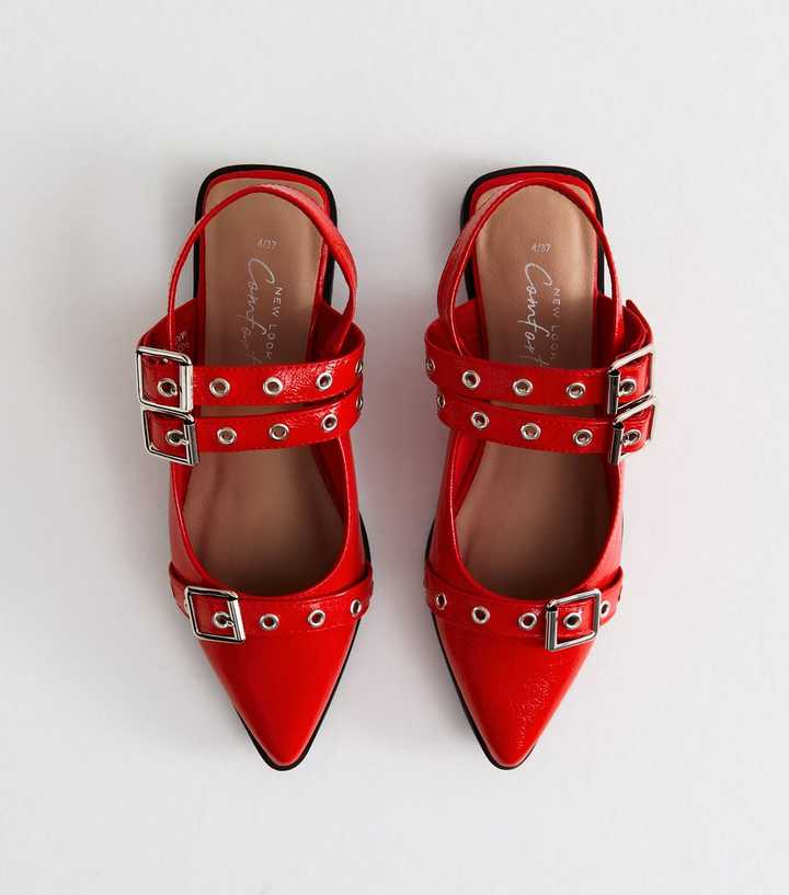 Red Patent Buckled Strap Mary Jane Slingback Shoes