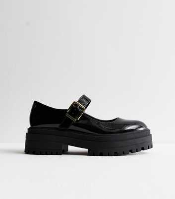 Black Patent Leather-Look Chunky Mary Jane Shoes