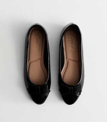 Black Leather-Look Bow Toe Cap Ballet Pump Shoes