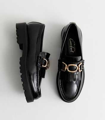 Black Patent Leather-Look Tassel Trim Loafers