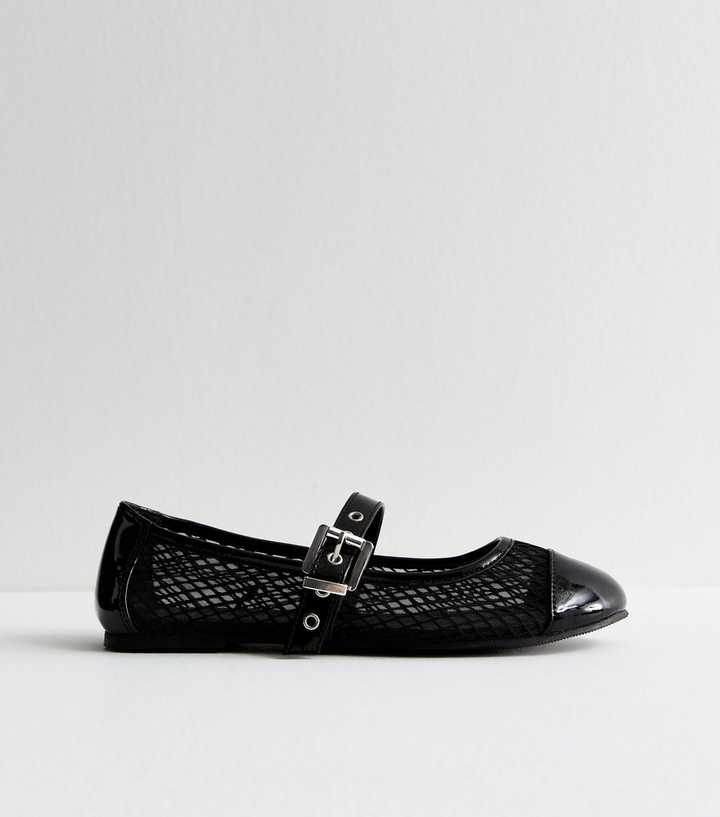 Wide Fit Black Mesh Buckle Ballet Pumps | New Look