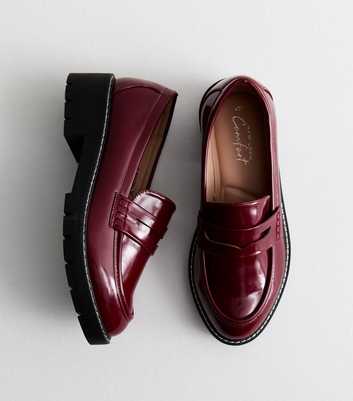 Wide Fit Burgundy Leather-Look Chunky Loafers