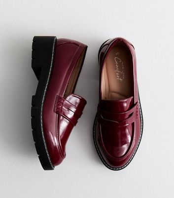 Wide Fit Burgundy Leather-Look Chunky Loafers | New Look