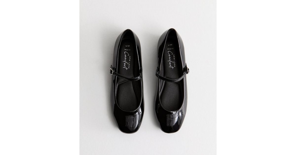 Wide Fit Black Patent Mary Jane Strappy Ballerina Pumps New Look