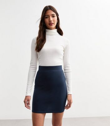 Navy Cotton Blend Slim Fit Mini Tube Skirt New Look