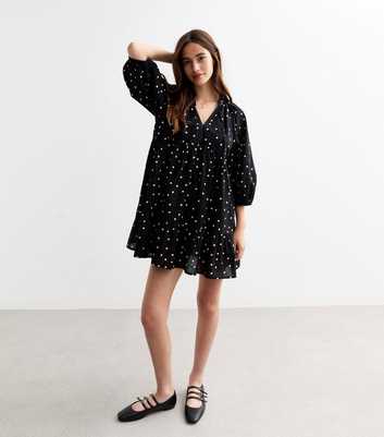 Black Polka Dot Mini Smock Dress