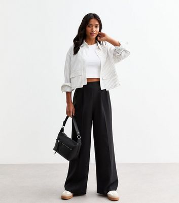 Petite Black Pull On Wide Leg Tailored Trousers New Look