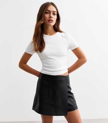 Petite Black Faux Leather Wrap Mini Skort