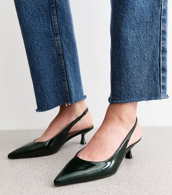Dark Green Faux Patent Leather Slingback Open Court Shoes