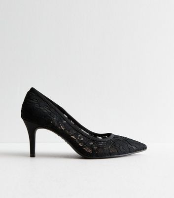 Black Lace Stiletto Heel Court Shoes New Look