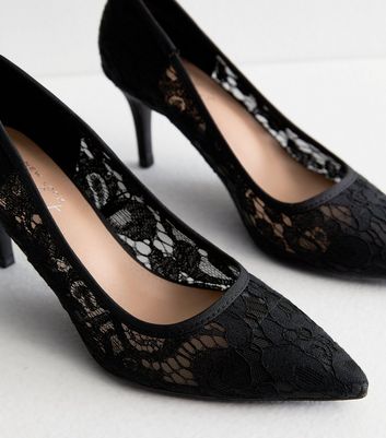 Black Lace Stiletto Heel Court Shoes New Look