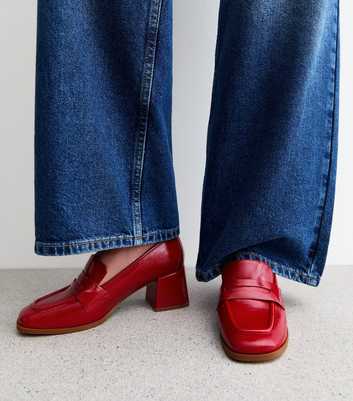 Red Block Heel Penny Loafer Court Shoes