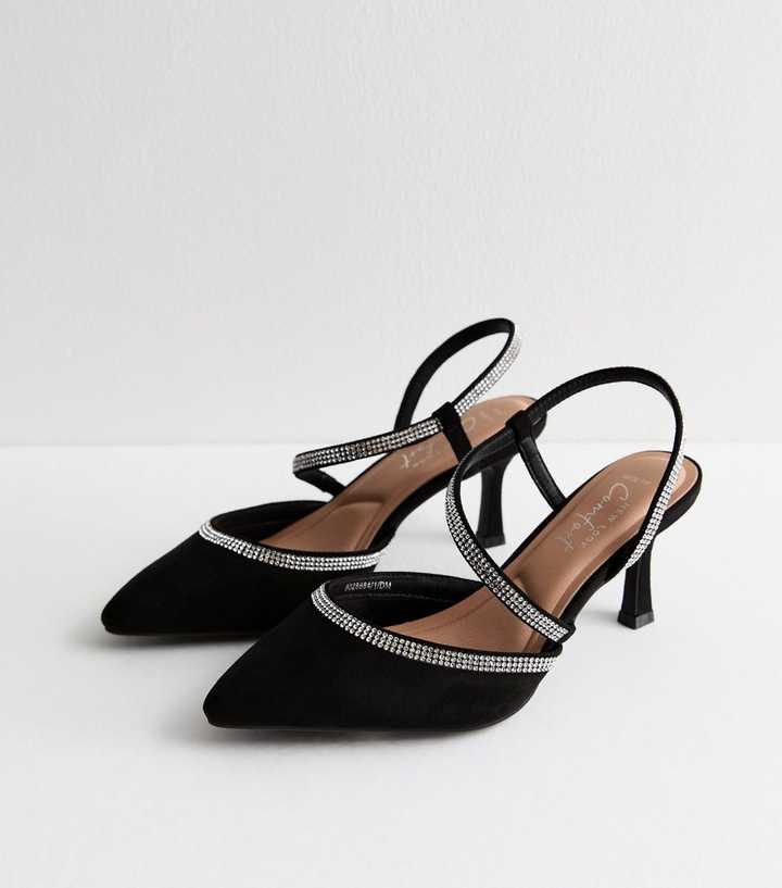Wide Fit Black Diamante Trim Slingback Heel Sandals