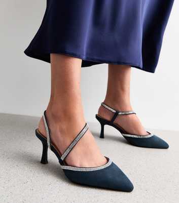 Wide Fit Navy Diamante Trim Slingback Heel Sandals