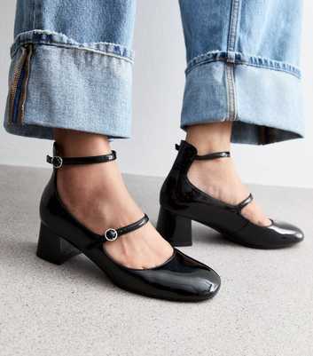 Black Patent Leather-Look Block Heel Mary Jane Shoes