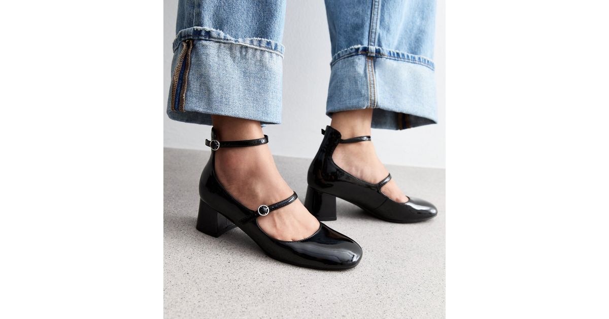 Black Patent Leather-Look Block Heel Mary Jane Shoes | New Look