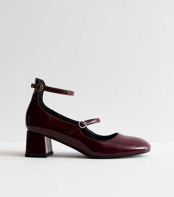 Burgundy Leather-Look Block Heel Mary Jane Shoes