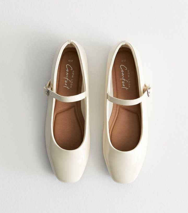 Off White Patent Leather-Look Mary Jane Pumps