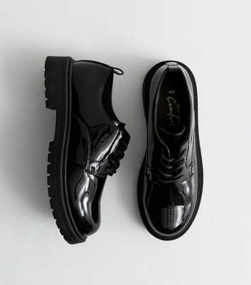 Black Patent Leather-Look Chunky Lace Up Shoes