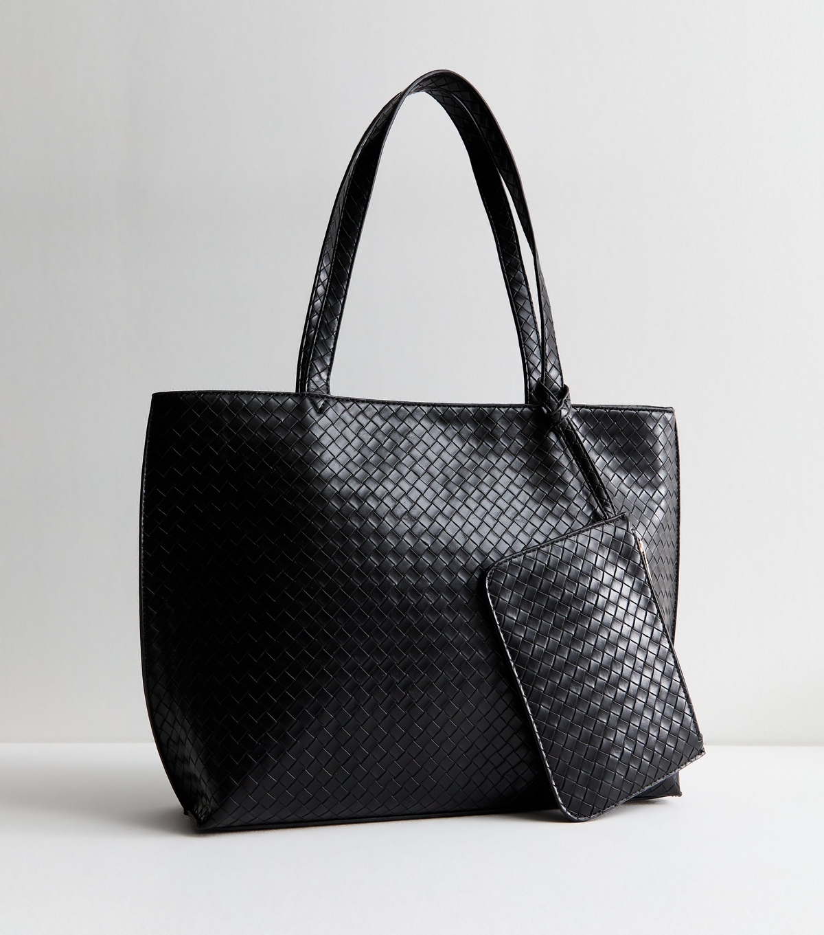 Black Leather-Look Woven Tote Bag and Pouch Vegan New Look