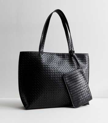 Black Leather-Look Woven Tote Bag and Pouch