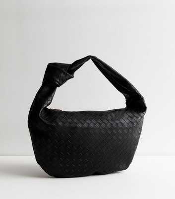 Black Leather-Look Weave Shoulder Bag