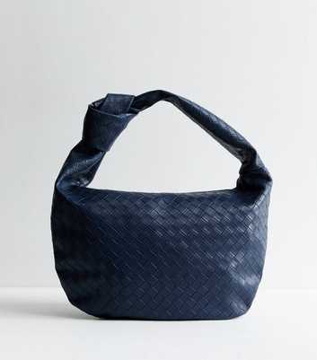 Navy Leather-Look Weave Shoulder Bag