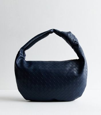 Navy Leather Look Weave Shoulder Bag New Look