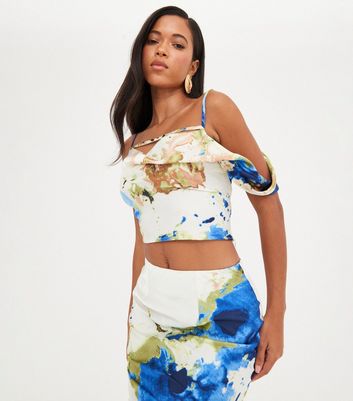 WKNDGIRL Blue Satin Asymmetrical Crop Top New Look