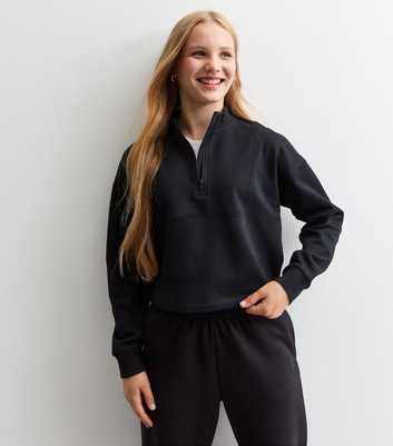 Girls Black Cotton Blend Half Zip Sweatshirt 