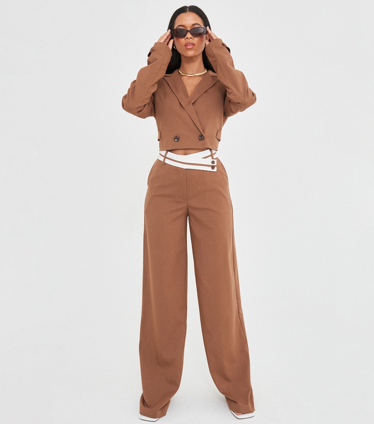 Women's Brown Contrast Waistband Tailored Trousers WKNDGIRL New Look