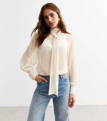 Off White Chiffon Bow Collar Blouse