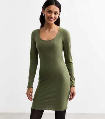 Khaki Scoop Neck Ribbed Mini Dress