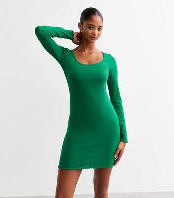 Green Scoop Neck Ribbed Mini Dress